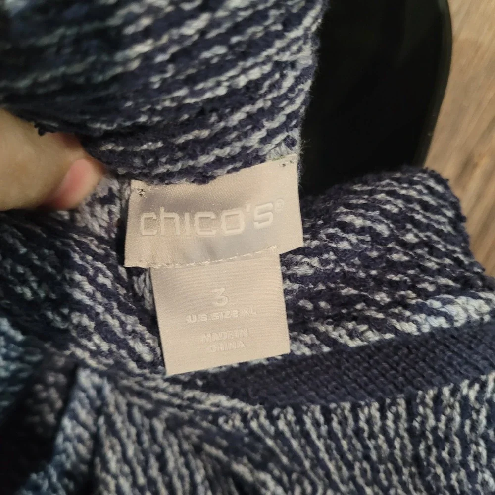 Chico's Double Breasted Jacket Size 3/XL Blue Faux-Tweed Knit Frayed Edge Office